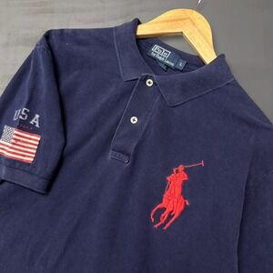 Vintage Polo Ralph Lauren Mens Big Pony USA Flag Polo Shirt Navy Blue Size Large